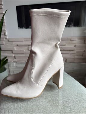 Women's White Stretch Sock Boot with Block Heel